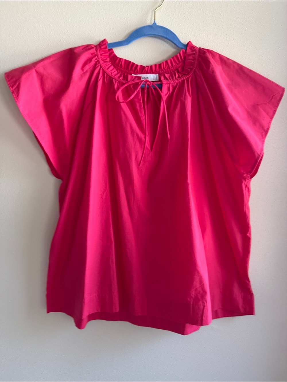 MNG Collection Relaxed Tie-Neck Flutter Sleeve Blouse in Coral